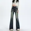 Americana retrô flared jeans feminino novo cintura alta esticar slim-fit design emagrecedor sentindo esfregar cru borda ferradura calças