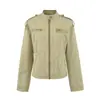 Chaqueta corta de estilo retro con cuello alto, lavada y desgastada para mujer, otoño casual versátil, top único con cremallera