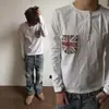 Camiseta Masculina Botão Y2K Estampa de Bandeira Retro Americana Campus Casual Gola Alta Gola Redonda Slim Fit