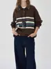 Blusa de Tricô Fino com Listras Coloridas e Gola Polo Loose Knit Shengqiao Cafe