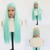 En stock nuevo peluca de encaje frontal para mujer estilo europeo y americano color verde menta, peluca sintética de alta temperatura larga y lisa