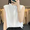 Camisa sem mangas de cetim de acetato com gola de renda para mulheres, novo top de malha lisa de verão, blusa moderna e versátil
