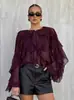Blusa de Gasa Elegante Color Borgoña con Cuello Redondo y Volantes Estilo Retro Francés para Mujer Diseño Primavera 2026