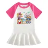 2023 Verão novo estilo coreano roupas infantis desenho animado meia manga vestido de menina cor contrastante bebê menina estilo ocidental saia plissada