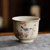 Juego de té de piedra de fuego azul y blanco, taza maestra, taza de té de cerámica rústica vintage, taza de té pintada a mano con diseño floral y de pájaros de tendencia nacional, artículo de regalo