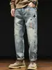 Calça Jeans Reta Bordada Resistente Estilo Americano para Homens, Marca de Moda High-Street, Calça Longa Solta Casual Tendência Versátil para Primavera e Verão