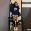 Moletom azul marinho chic retrô americano para mulheres, tamanho grande, corte solto, esconde imperfeições do corpo, jaqueta de fleece estilo ins para outono e inverno