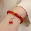 Pulsera de ágata roja natural de 8 mm para mujer, pulsera de calcedonia con colgante de flor Bodhi y perla, pulsera retro de estilo chino