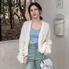 Cárdigan de punto grueso para mujer estilo coreano de otoño e invierno, cuello en V corto de un solo botón, estilo suelto y casual, abrigo suéter de color liso