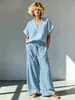 2026 Amazon Europa América Transfronterizo Verano Nuevo Algodón Lino Casual Cuello en V Manga Corta Camisa + Pantalones de Pierna Ancha Conjunto Mujer