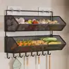 Prateleira de Armazenamento de Parede de Cozinha sem Furos Cesta Multifuncional para Armazenamento de Cebolinha, Gengibre e Alho Prateleira para Temperos de Vegetais Prateleira Suspensa de Duas Camadas