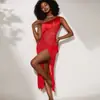 Vestido Longo de Malha Perspectiva Perfurado a Quente Feminino Ombro Único Design de Franjas Babados Irregulares Fenda Alta Vestido de Gala para Banquete 1218