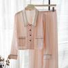 Traje de Seda de Solapa Pequeña Delgado de Manga Larga Estilo Artístico para Mujer Pijama de Seda de Hielo Ropa de Casa Verano para Mujer