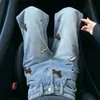Jeans Anchos de Verano 2026 Bordado de Dibujos Animados Perezosos Azul Claro de Cintura Alta Sueltos Caídos Rectos Hasta el Suelo