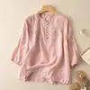 Camisa artística vintage de algodón y lino bordada de manga tres cuartos, conjunto de dos piezas para el verano para madres, top de color liso y pantalones de pierna ancha para mujer
