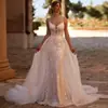 Vestido de novia sexy de encaje con cuello en V, falda grande desmontable y cola, diseño de sirena ajustado, adecuado para ceremonias nupciales al aire libre