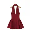 Vestido Corto Transfronterizo de Corte Ajustado, Espalda Descubierta con Cuello Halter, Escote en V Profundo Calado, Único Vestido Mini de Línea A Plisado Estilo Francés