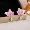 Pendientes de Perla Doble Mariposa Morada Vintage Aguja de Plata Estilo Hong Kong de Lujo Ligero Retro de Alta Gama Clavo Exquisitos Pendientes Dulces
