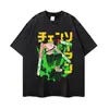 Camiseta con estampado de anime desgastado, con diseños de personajes de manga japoneses, estilo high-street, corte caído en los hombros, unisex, camiseta retro de manga corta