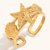 Anillo Abierto de Acero Inoxidable Chapado en Oro de 18K con Forma de Estrella de Mar y Concha Estilo Europeo y Americano Moda Versátil Joyería para Vacaciones en la Playa