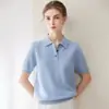 Suéter Konsaini 100% Caxemira para Mulheres, Top Tricotado de Manga Três Quartos com Gola Polo e Botões, Camisa Básica de Manga Curta