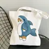 Comércio Exterior Transfronteiriço Bolsa de Lona Estampada Gato-Tubarão Kawaii Bolsa de Ombro Harajuku Moda Portátil Bolsa de Compras