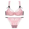 Lencería sexy europea y americana para mujeres con busto grande, anti-caída, push-up, encaje transparente ultrafino, conjunto de sujetador talla grande