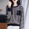 Suéter de Punto a Rayas de Bloques de Color Retro con Cuello Redondo para Mujer, Holgado, Otoño Invierno, Jersey Perezoso, Capa Base, Top Casual Versátil