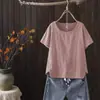 2024 Nova Roupa de Verão Feminina Algodão Linho Camiseta Top Feminino Manga Curta Solto Meia Manga Cor Sólida Artístico Retrô Estilo Étnico