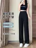 Pantalones Rectos Ajustados para Mujer Verano Cintura Alta Caída Pierna Ancha Casual Negro 2025 Nuevos Pantalones de Barrer el Suelo Traje para Gorditas