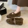Zapatos Retro de Peluche Mary Jane para Mujer Invierno Más Terciopelo Cálido Hebilla de Lazo Planos Zapatos Individuales Mocasines de Suela Suave