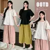Camisa tipo muñeca de ganchillo con cuello plisado de acordeón para maternidad de verano 2026 + Pantalones casuales de maternidad que rejuvenecen