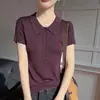 Camiseta de Verano con Cuello y Botones de Lyocell, Tejido Fino de Calibre 16, Manga Corta, Pulóver Fresco y Transpirable para Mujer