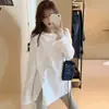 Camiseta básica blanca de manga larga para mujer para otoño e invierno, hecha de terciopelo alemán, de longitud media con aberturas laterales, cálida, corte holgado, adelgazante, top talla grande