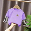 Camiseta de Manga Larga con Estampado de Dibujos Animados de Algodón Puro para Niños, Capa Interior, Bebé, Moda Elegante, Bloques de Color, Cuello Redondo