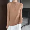 Nuevo Suéter de Punto 100% Lana Otoño/Invierno para Mujer, Manga Larga, Cuello Semi Alto, Color Sólido, Costilla, Top de Cachemira