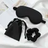 Máscara de Olho de Três Peças Bolsa de Pano Elástico de Cabelo Seda de Imitação Máscara de Olho para Dormir de Viagem Conjunto de Bloqueio de Luz Respirável para Pausa para Almoço Pronto para Venda
