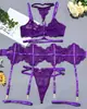 Conjunto de lingerie roxo sexy com decote halter, acabamento em renda, espartilho com barbatanas, push-up, cinco peças, estilo dividido