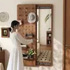 Tablero perforado estilo vintage, espejo deslizante, perchero de madera maciza, espejo de cuerpo entero para colgar en la pared, espejo de montaje en pared para dormitorio
