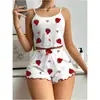 Traje de Rayas de Hueso con Estampado de Corazón de Fresa Transfronterizo Europeo y Americano para Mujer, Conjunto de Shorts con Tirantes, Dos Piezas, Dulce y Lindo