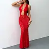 Ropa de Mujer Transfronteriza Europea y Americana Verano 2024 Nuevo Elegante Encaje Halter Falda Larga Sexy Espalda Descubierta Color Sólido Vestido para Mujer