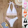 Bikini de dos piezas de color sólido nuevo para mujer, popular en Europa y América, bikini sexy ajustado, traje de baño push-up de cintura alta con cuello halter