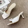 Pantuflas de tacón alto con punta cuadrada y lazo estilo francés para mujer 2025 Nuevo Verano Uso Exterior Sandalias de Tacón Grueso
