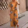 Conjunto de Traje Estampado de Algodón y Lino para Mujer Manga Corta Pantalones Largos de Pierna Ancha Conjunto Casual de Dos Piezas Estilo Europeo Americano Enviado Transfronterizo