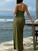 Nuevo Traje de Baño de Una Pieza Estilo Europeo y Americano con Escote en V Profundo, Fruncido y Pierna Alta, Vestido Largo sin Tirantes, Traje de Baño Sexy y de Moda para Comercio Exterior