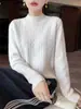 Suéter casual de punto trenzado 100% lana con cuello semi-alto para mujer, top de punto grueso de lana pura holgado para otoño e invierno