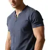 Camiseta de Manga Corta para Hombre de Estilo Chino de Verano, Cuello en V, Algodón y Lino, para Hombres Jóvenes, Delgada, Ajustada, Color Sólido, Pulóver de Dos Botones para Hombre
