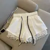 Calças Pretas de Cintura Elástica com Cordão e Perna Larga para Mulheres, Shorts de Verão com Renda em Patchwork de Cintura Alta em Linha A para Figuras Baixas, Calças Casuais