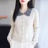 Cardigan de Renda Patchwork Gola Boneca Suéter Feminino Casaco Estilo Suave Petite Curto Peça de Camada Outerwear Tendência