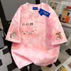 Camiseta de Manga Corta con Estampado de Gato Lindo Estilo Universitario Americano 2026 para Mujer Verano Algodón Puro Tie-dye Rosa Top Perezoso